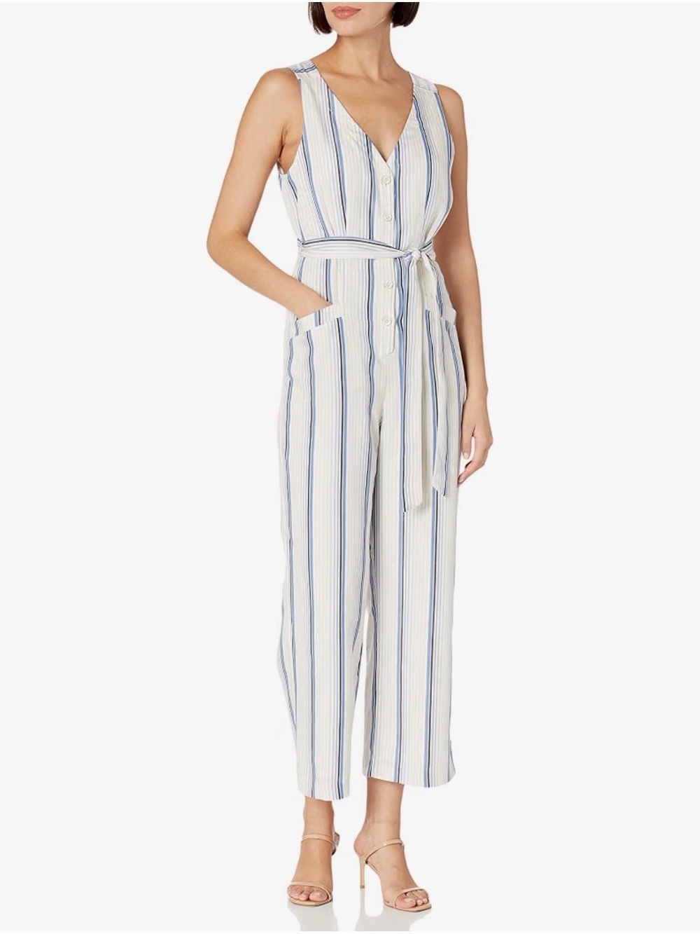 PAIGE Meade Blue White Striped Jumpsuit Self Tie Belt Small